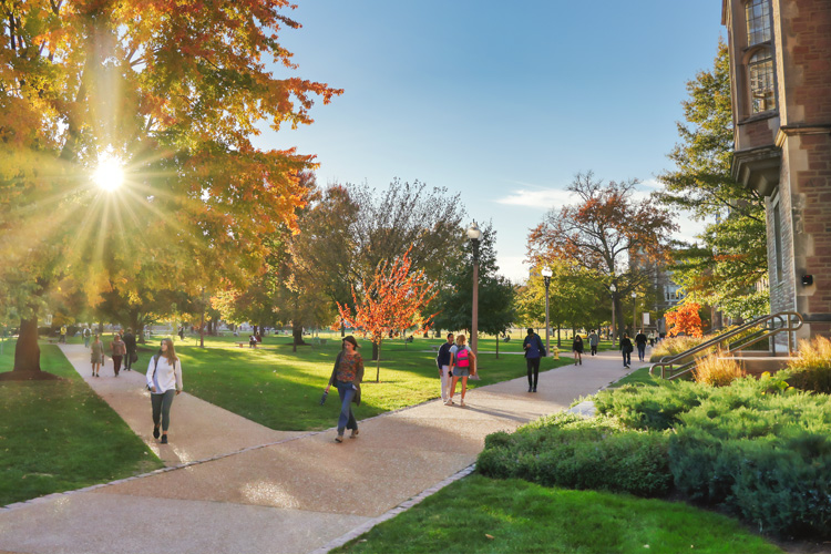 Students walk on campus on a fall afternoon